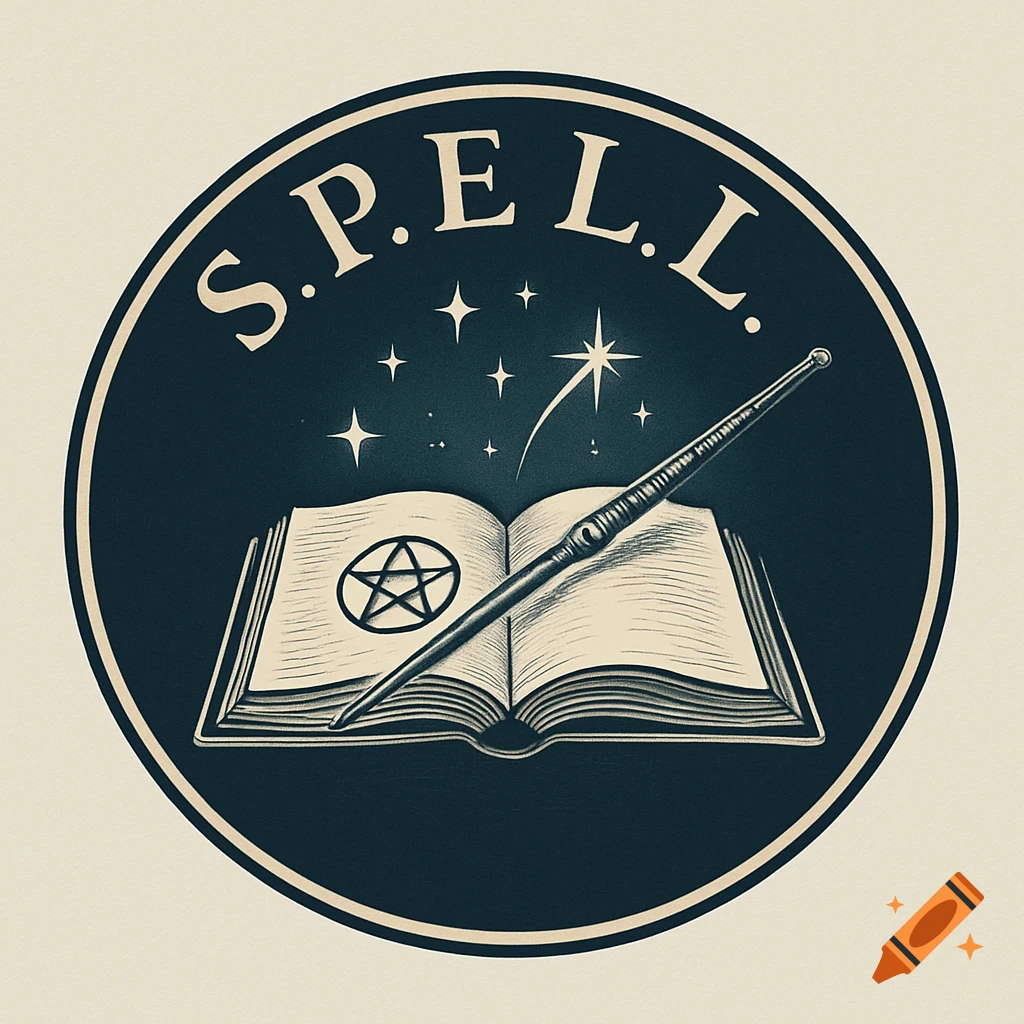 Circular logo featuring an open spell book with a pentagram and a magic wand, under stars, with 'S.P.E.L.L.' text.