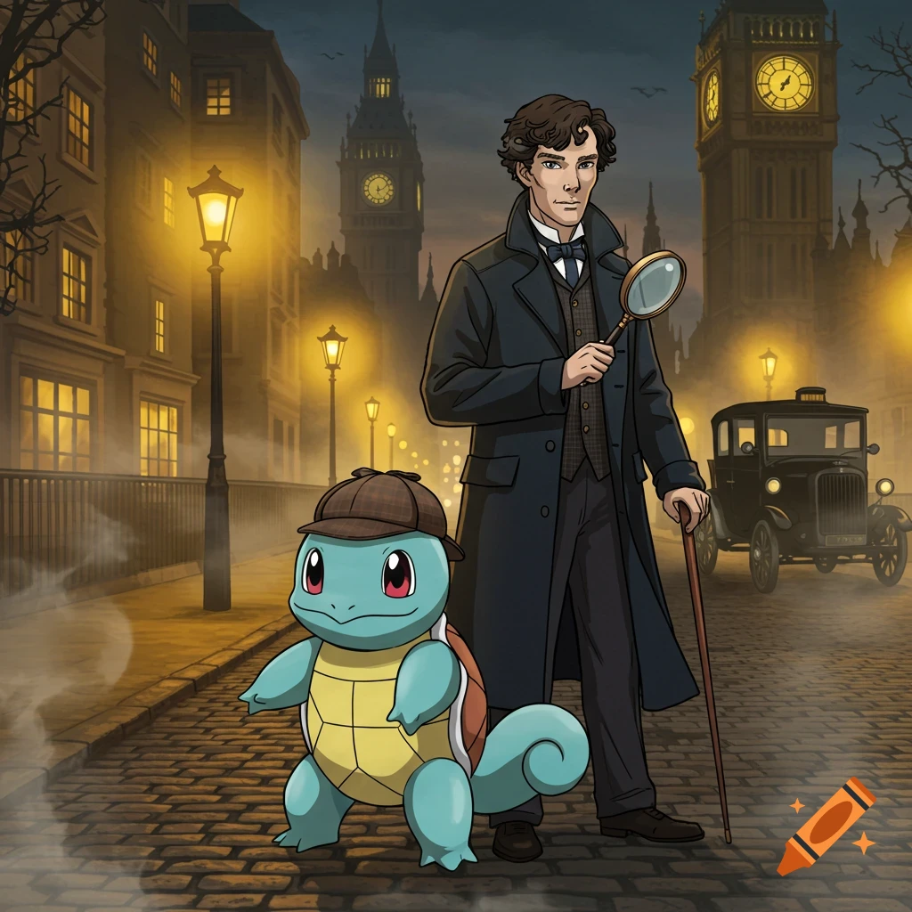 Cartoon Sherlock Holmes and Squirtle in a deerstalker hat on a London cobblestone street with Big Ben at night.