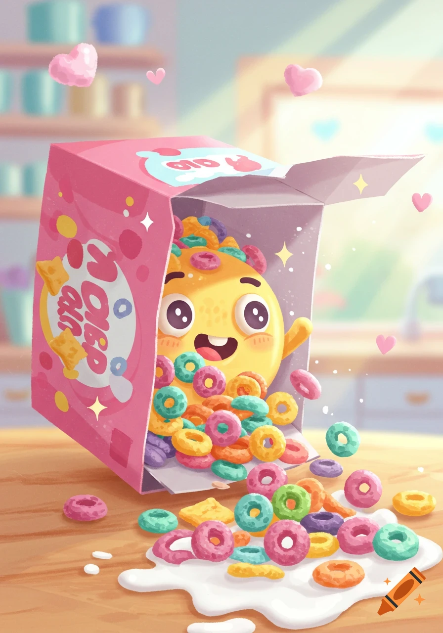 A cute, yellow, happy character peeks out of a pink cereal box, spilling colorful cereal rings and milk onto a wooden table in a cartoon kitchen.