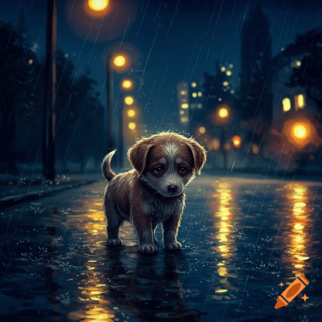 A small, sad brown and white puppy stands alone on a wet city street at night in the rain, illuminated by streetlights.