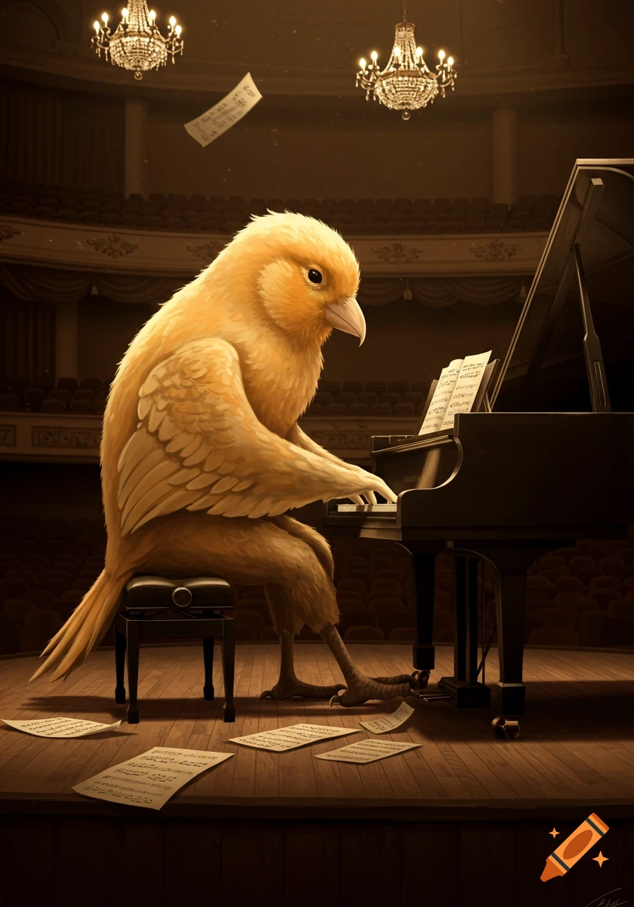 A large, anthropomorphic yellow canary plays a grand piano on a stage in a sepia-toned concert hall. Music sheets are on the piano and floor.