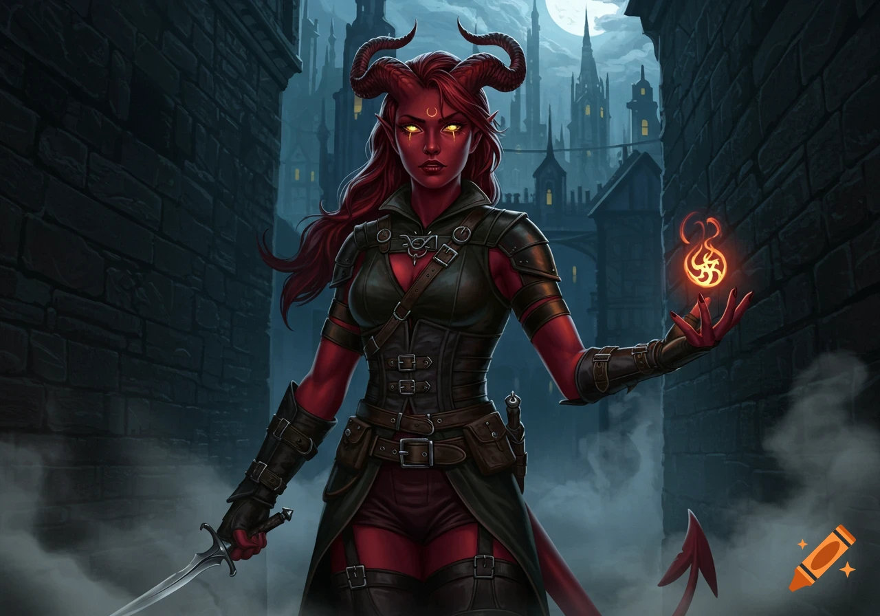 A red-skinned female tiefling rogue with horns and glowing yellow eyes, holding a sword and a magic flame, in a dark medieval alley.