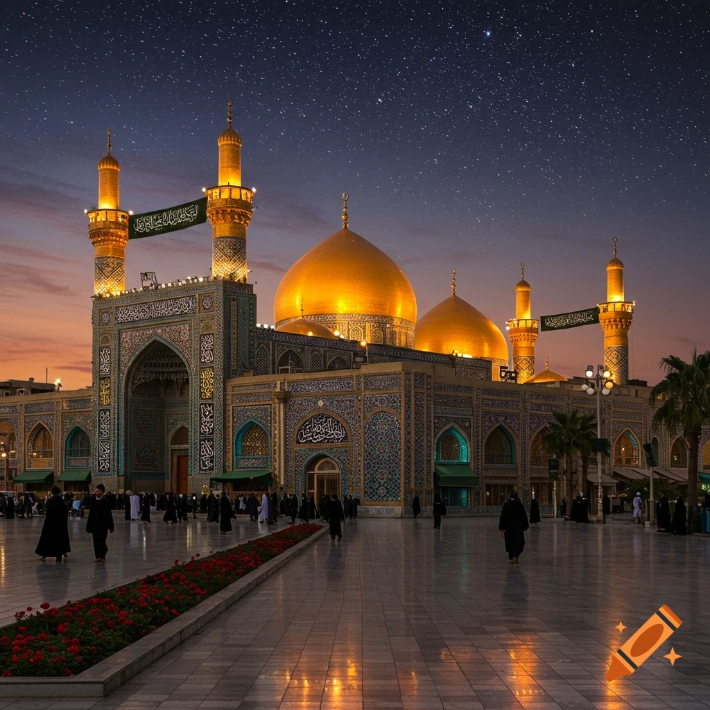 A grand mosque with golden domes and minarets under a starry night sky, with people in a large courtyard.