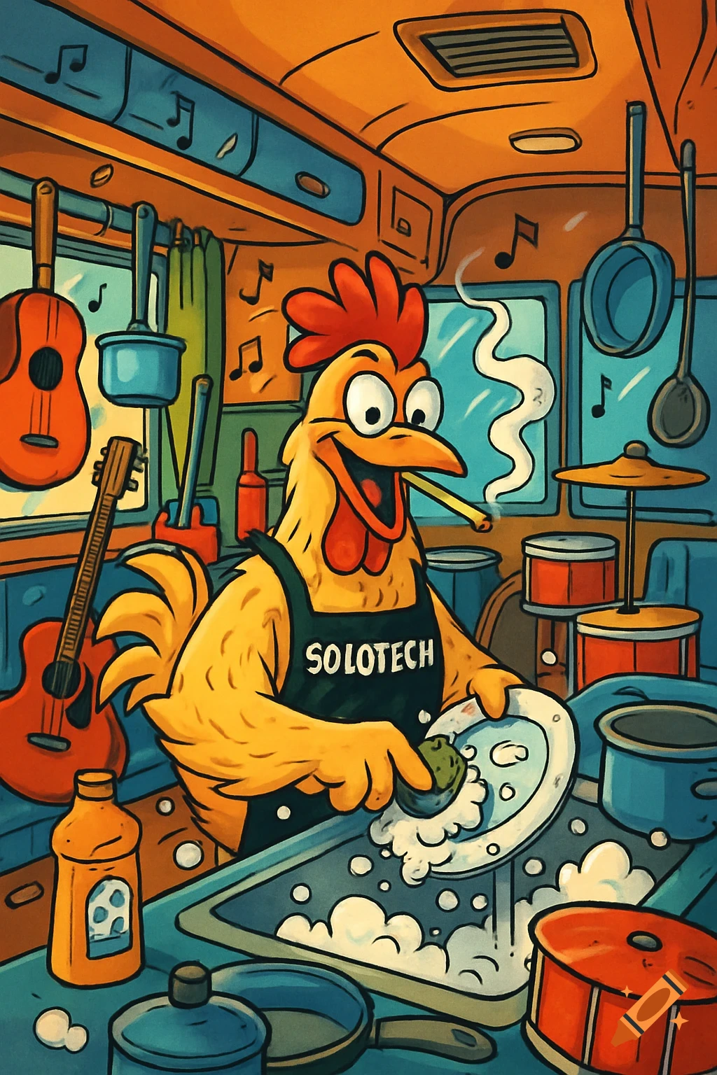 A cartoon chicken with an apron washing dishes and smoking in a colorful music tour bus with guitars and drums.