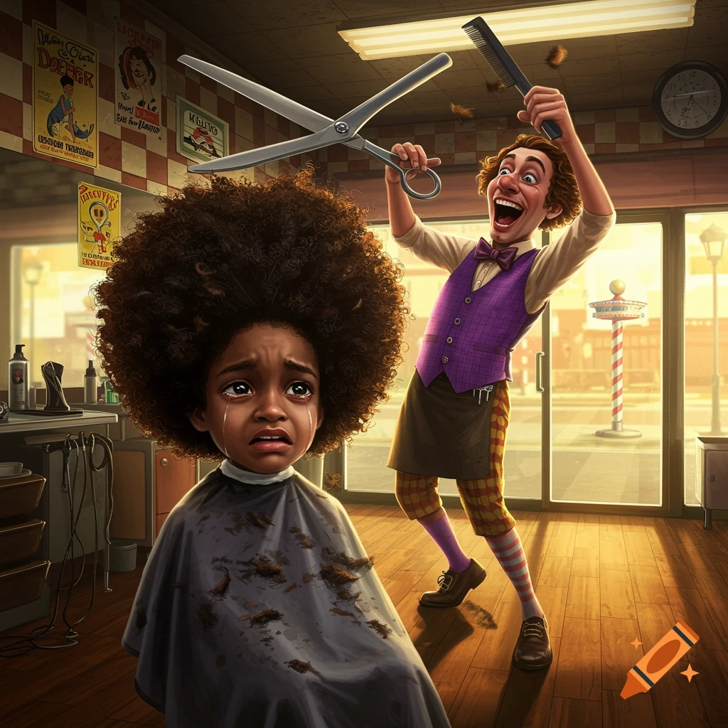 A crying boy with a large afro gets a haircut from a crazed barber in a stylized, cartoonish barber shop.