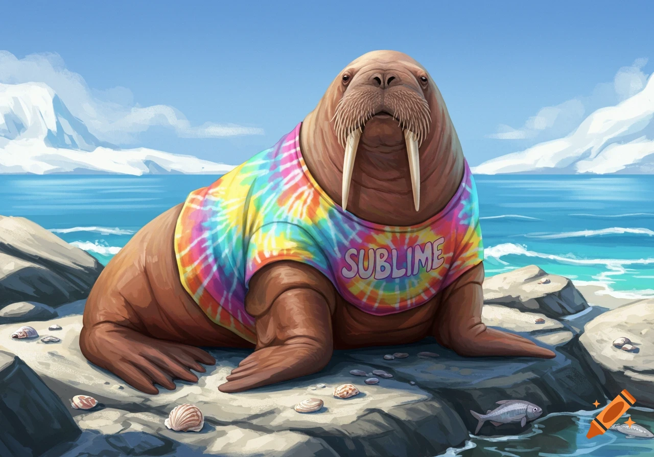 A friendly-looking walrus in a colorful tie-dye 'SUBLIME' t-shirt sits on rocks by an arctic ocean.