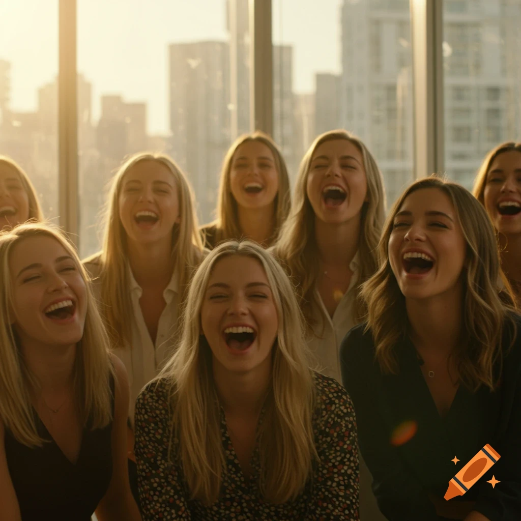 A group of women laughing hysterically in a sunlit office, with city buildings visible through large windows.