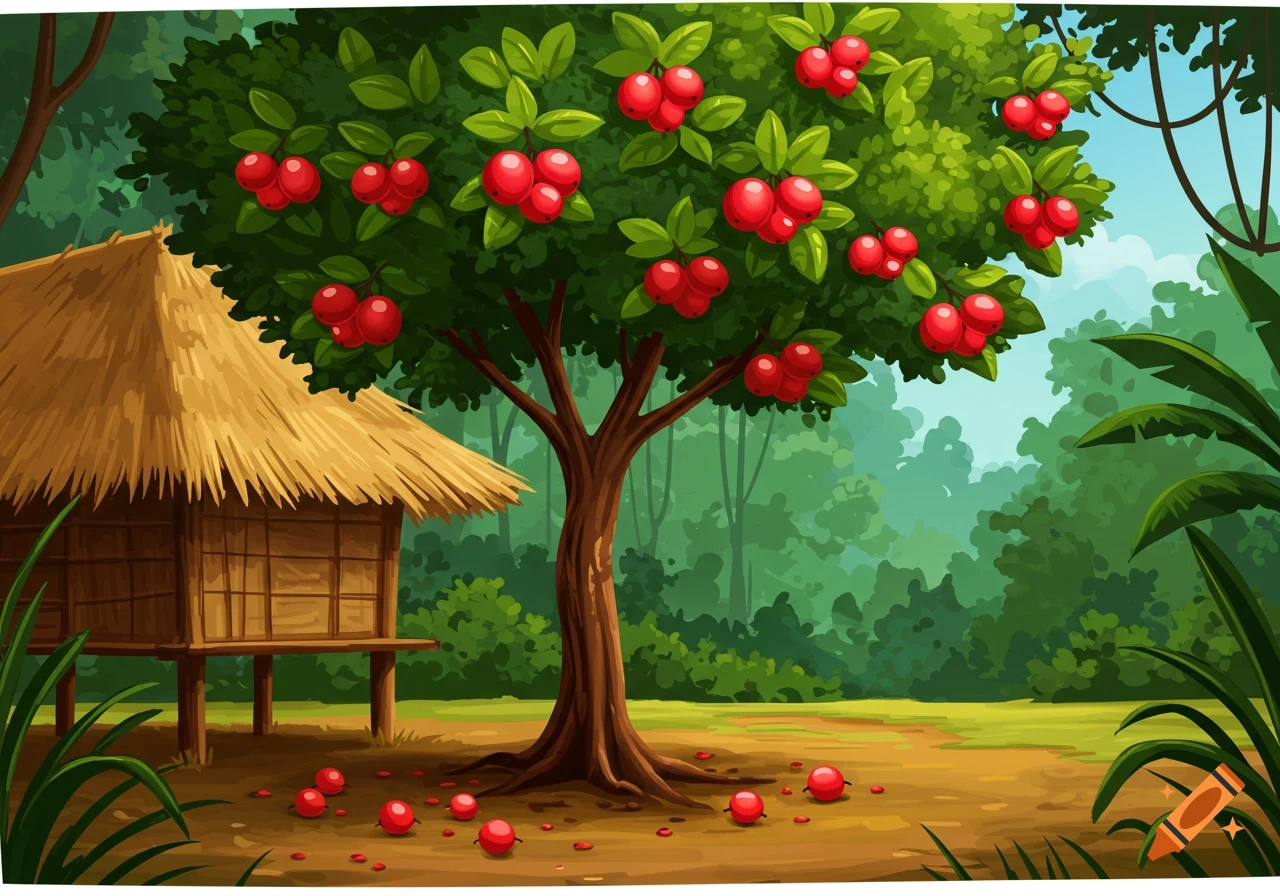 Cartoon illustration of a thatched hut next to a tree with red berries, fallen berries on the ground, and a jungle in the background.
