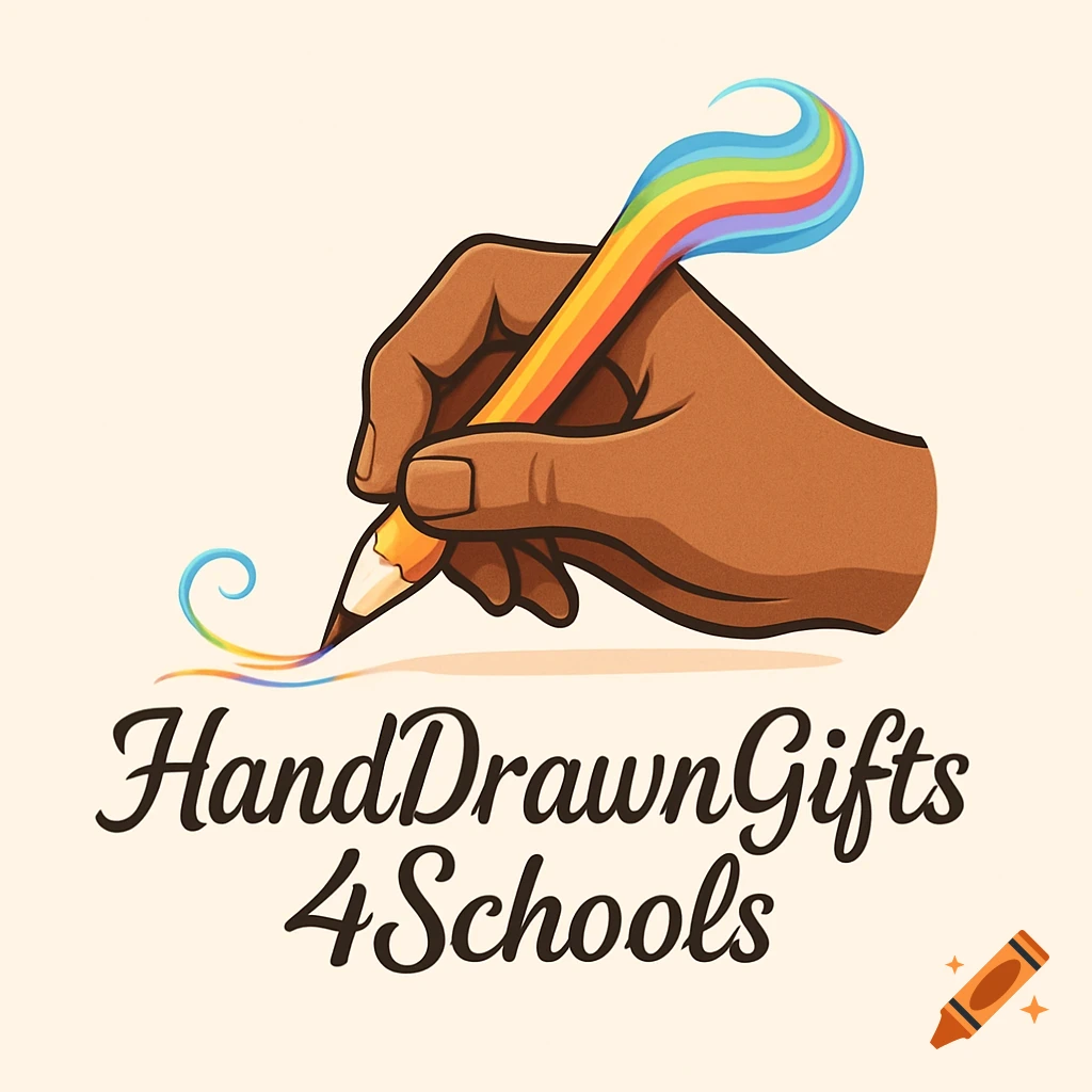 A logo featuring a brown hand holding a pencil with a rainbow eraser, writing 'HandDrawnGifts 4Schools'.
