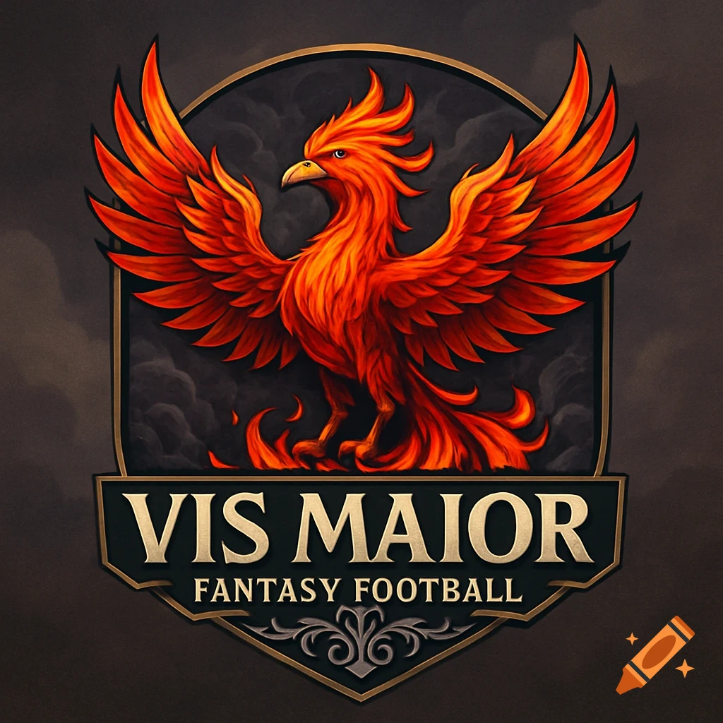 A shield-shaped logo featuring a vibrant red and orange phoenix with spread wings, above the text "VIS MAIOR FANTASY FOOTBALL".