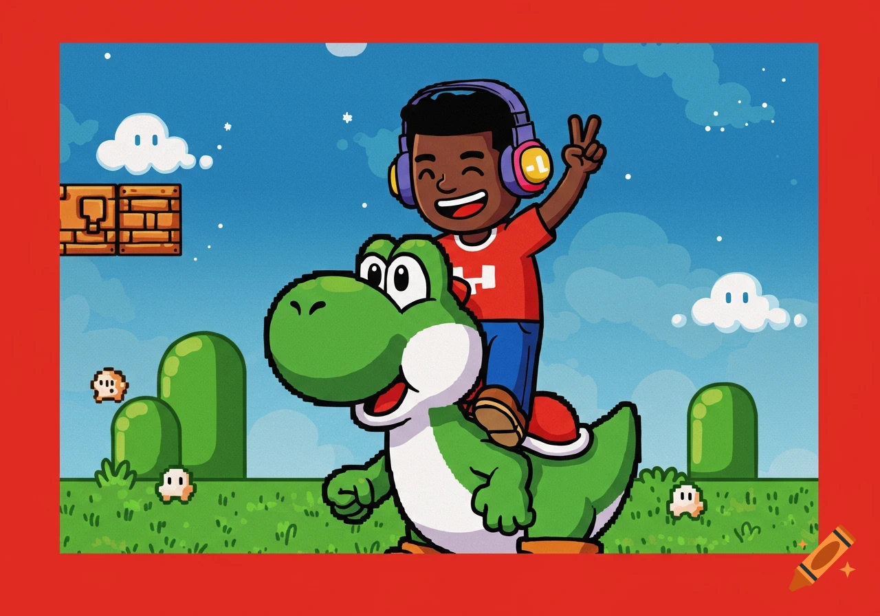 A happy black boy with a flat top and headphones rides Yoshi, making a peace sign in an 8-bit Super Mario World-style landscape.