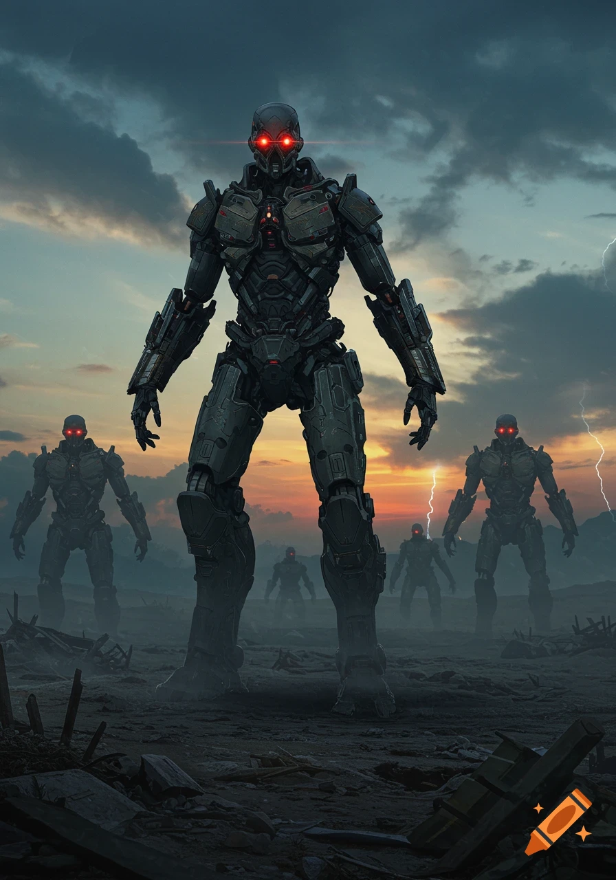 A group of menacing, dark-armored robots with glowing red eyes stand on a desolate landscape under a stormy sky with lightning.
