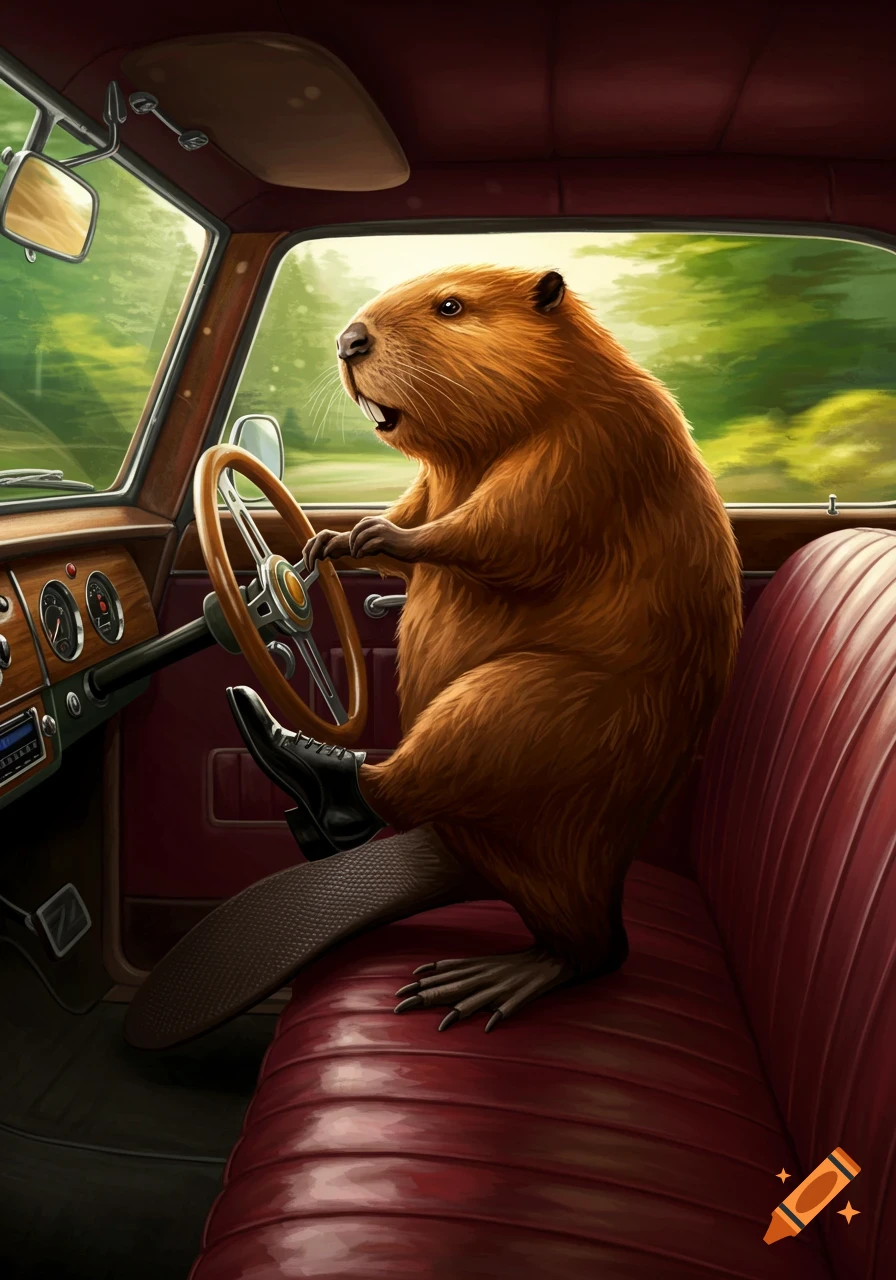 An anthropomorphic beaver with a surprised expression drives a red vintage car, with one foot in a dress shoe on the pedal.