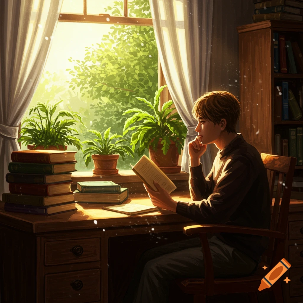 A person is reading a book at a wooden desk by a large window with sunlight streaming in, surrounded by plants and books. Illustrated style.