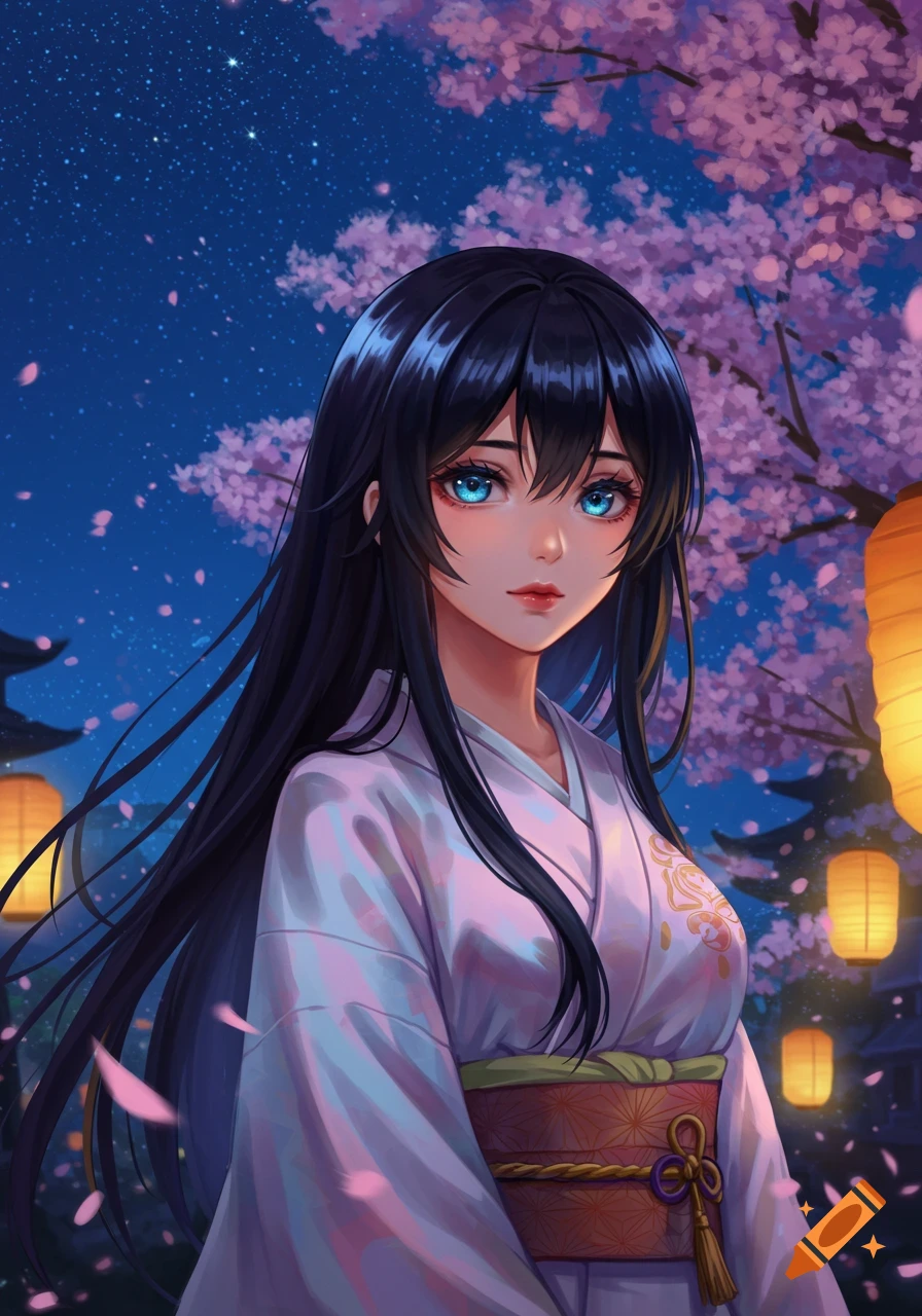 Anime-style drawing of a woman in a pink kimono under cherry blossoms and lanterns at night.