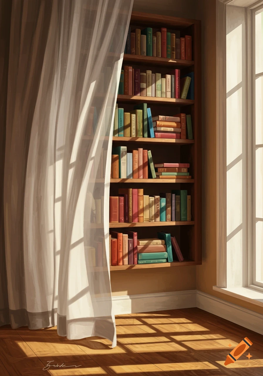 A wooden bookshelf with colorful books partially covered by sheer white curtains, illuminated by sunlight through a window, casting shadows on a wooden floor.
