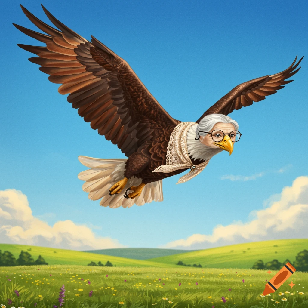 A stylized bald eagle with a grandmother's head, glasses, and a shawl flies over a sunny green field.