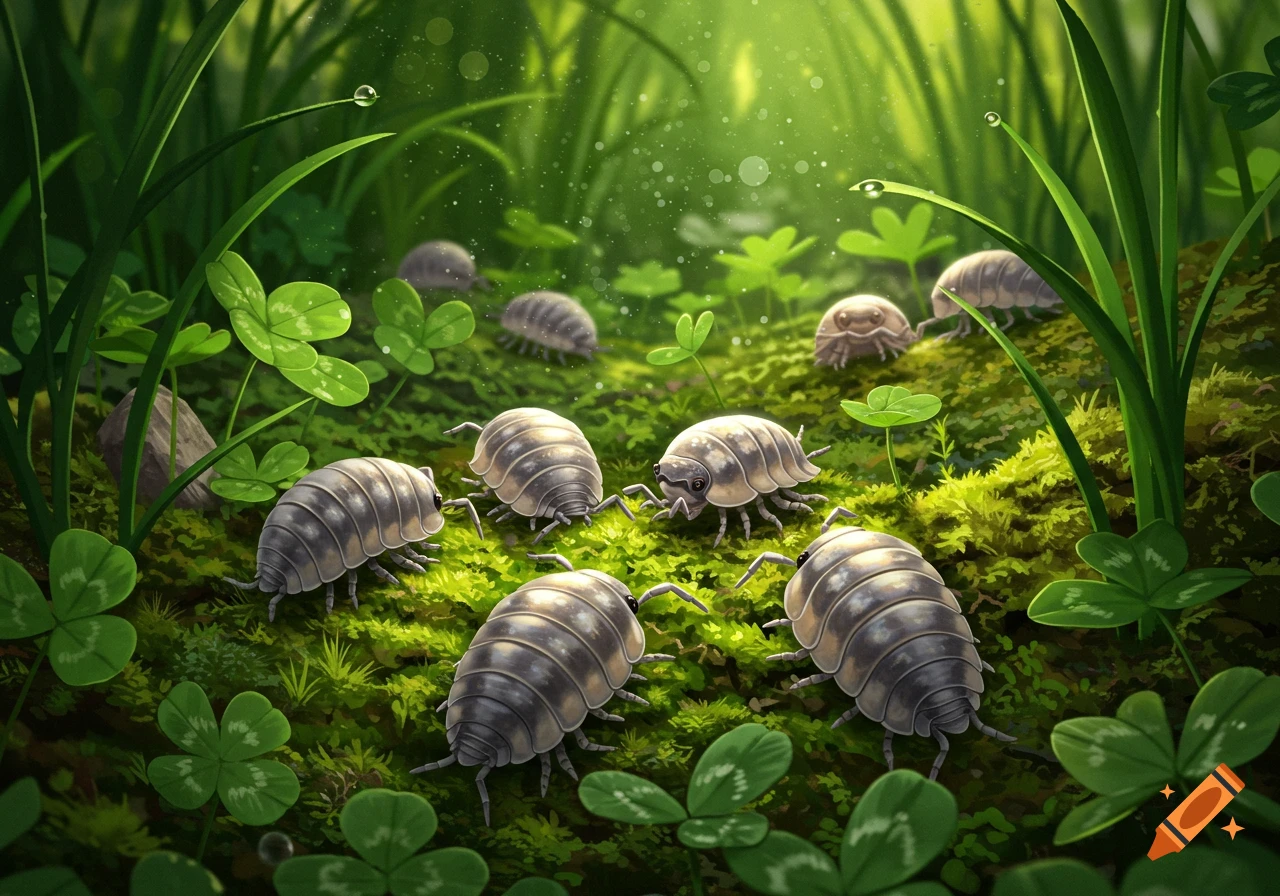 A close-up digital illustration of several woodlice on a mossy forest floor among clover, with bright sunlight filtering through.