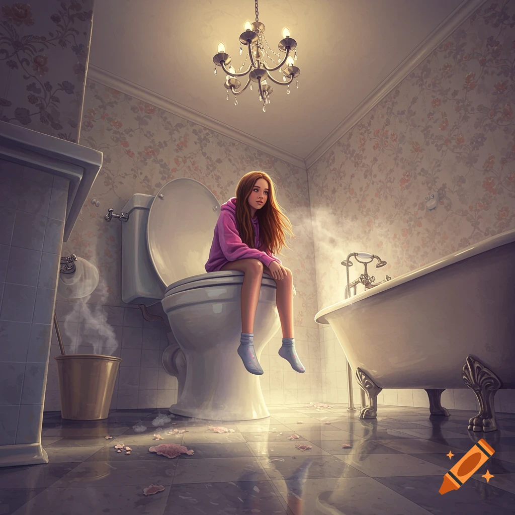 An illustration of a teenage girl sitting on a large toilet in a massive bathroom with a chandelier.