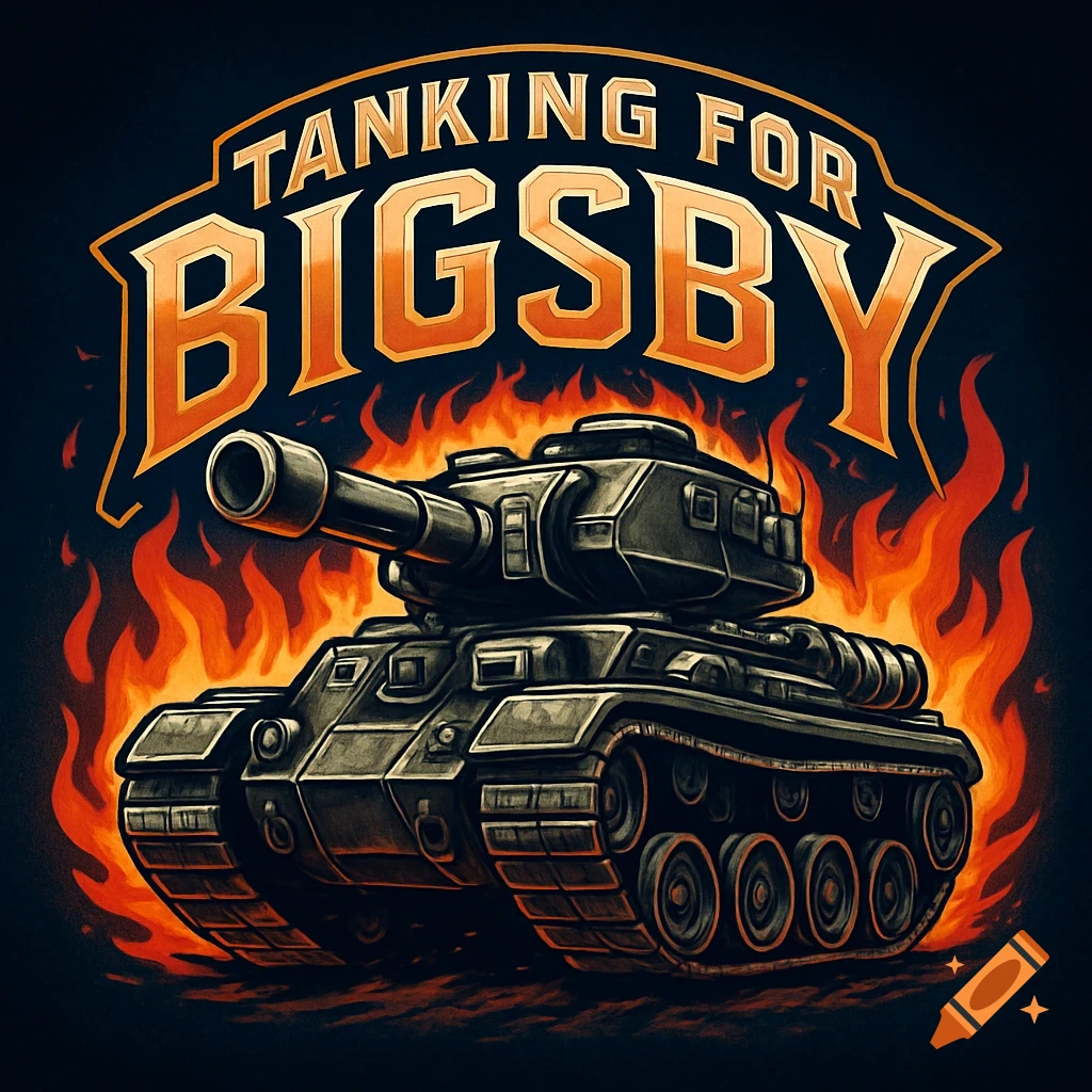 A stylized logo featuring a black tank engulfed in orange flames, with the arched text "TANKING FOR BIGSBY" in bold orange.