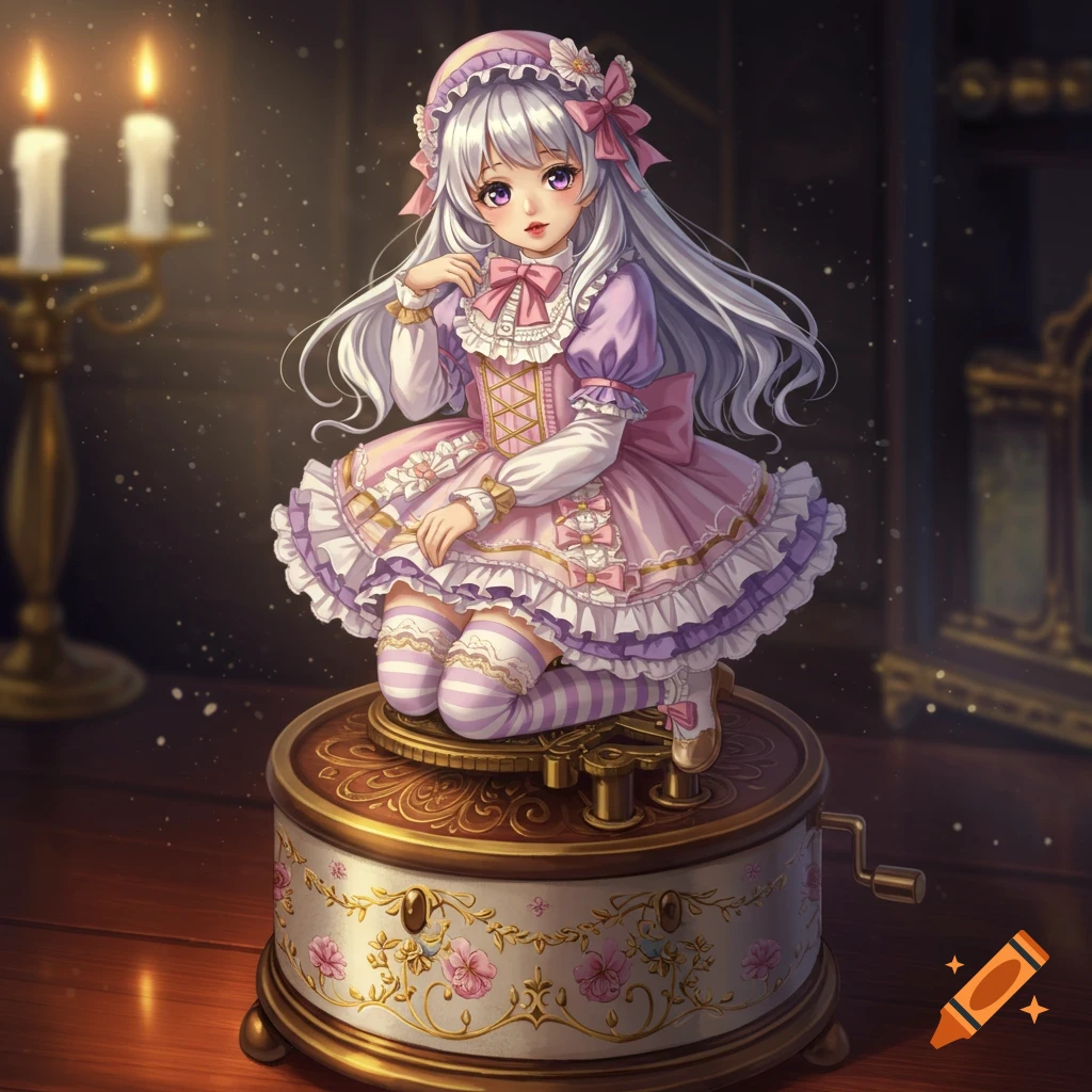 An anime girl with long white hair and purple eyes, wearing a pink and purple frilly doll dress, sits atop a decorated wooden music box, illuminated by candlelight.