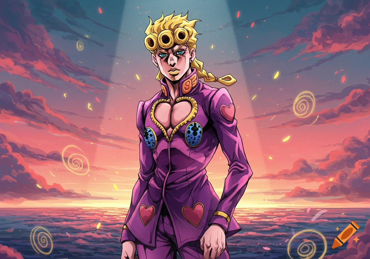 Giorno Giovanna in a purple suit, with a heart cut-out on his chest, stands before a vibrant sunset over the ocean in an anime style.
