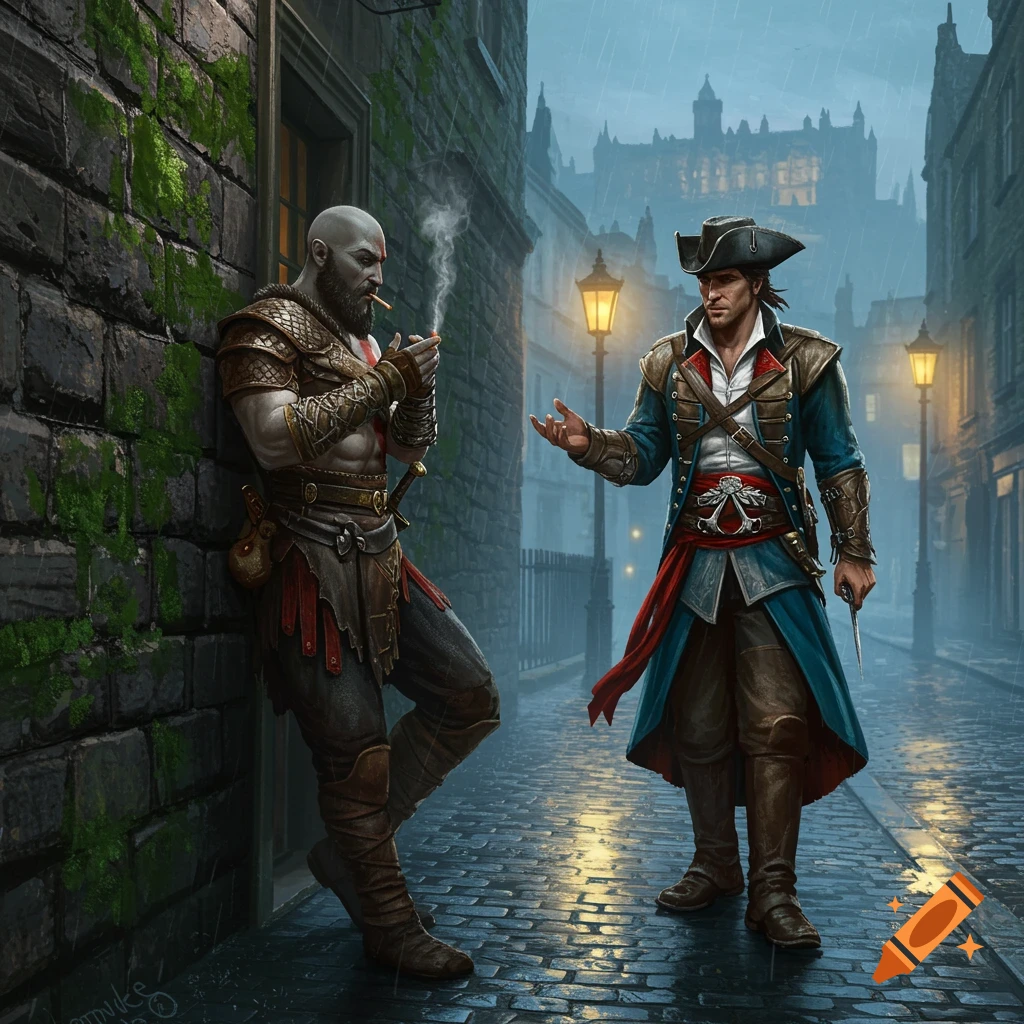 Digital art of Kratos lighting a cigarette while talking to Haytham Kenway on a rainy Edinburgh street at night.