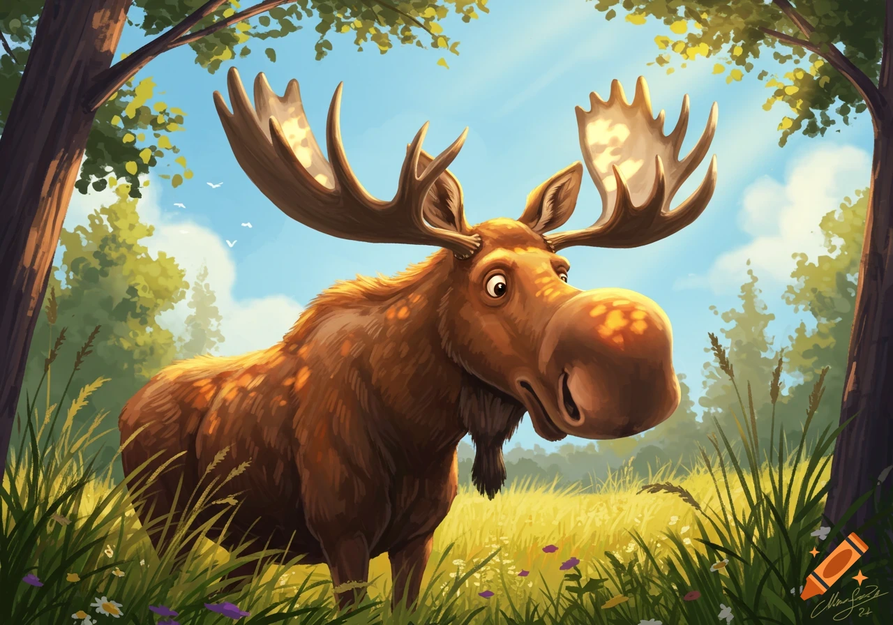 A cartoon moose with a large snout stands in a sunny, grassy field framed by trees under a blue sky.