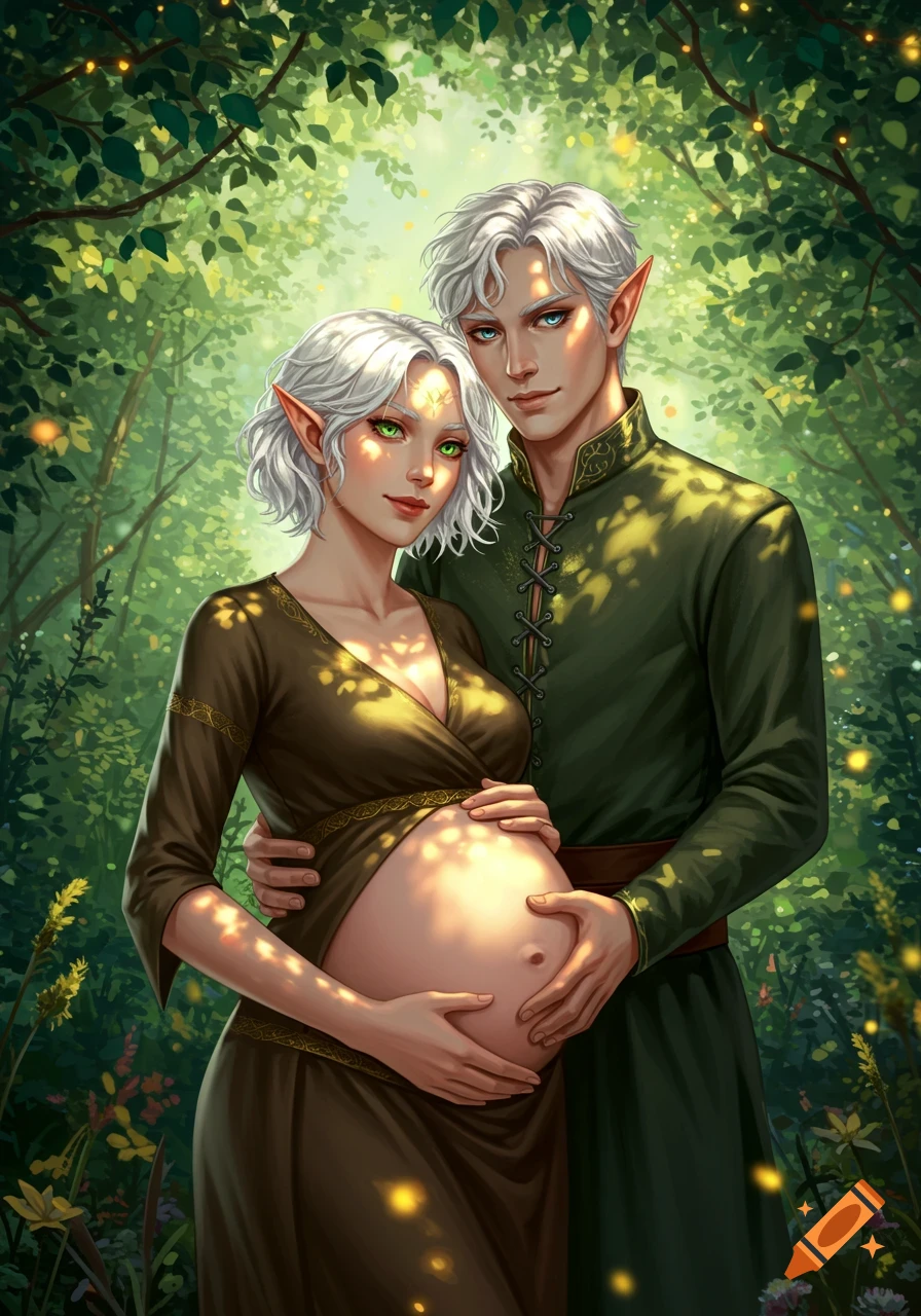 A fantasy illustration of a pregnant elf woman with white hair and green eyes, and a male elf with white hair and blue eyes, standing in a sun-dappled forest. The man holds her belly.