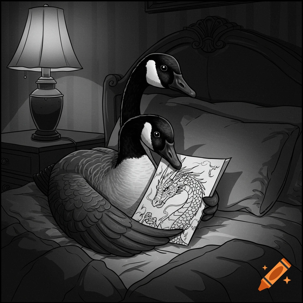 Two Canadian geese in a bed. One holds a dragon drawing, while the other looks on in black and white comic book style.