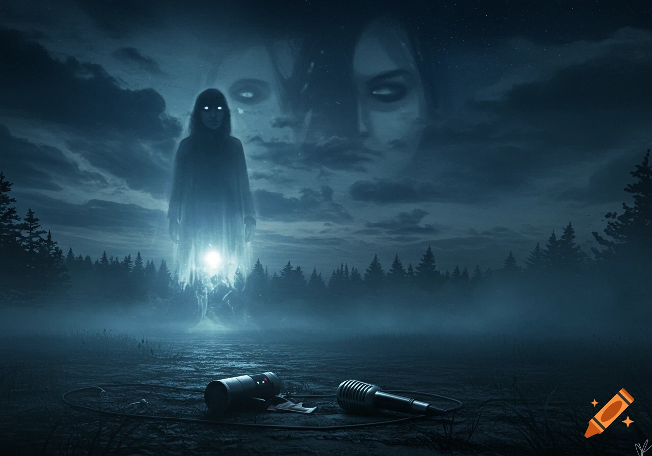 A spectral figure with glowing eyes stands in a misty forest at night, with ghostly faces in the clouds and a microphone and flashlight on the ground.
