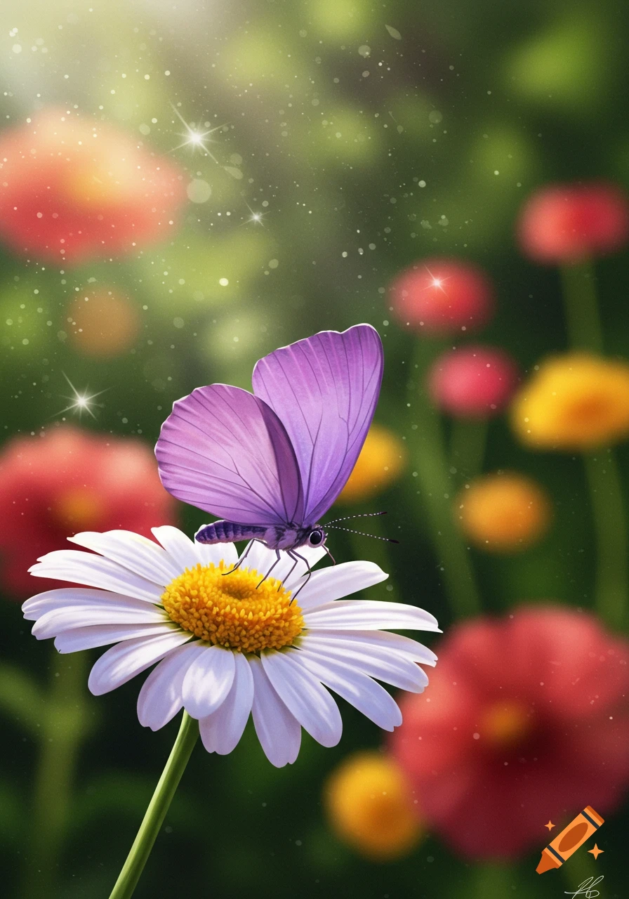 A purple butterfly rests on a white daisy with a yellow center in a bright, soft-focus garden with red and yellow flowers.