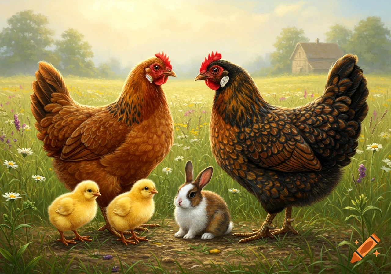 Two adult chickens, two chicks, and a brown and white bunny in a grassy field with wildflowers and a barn in the background.