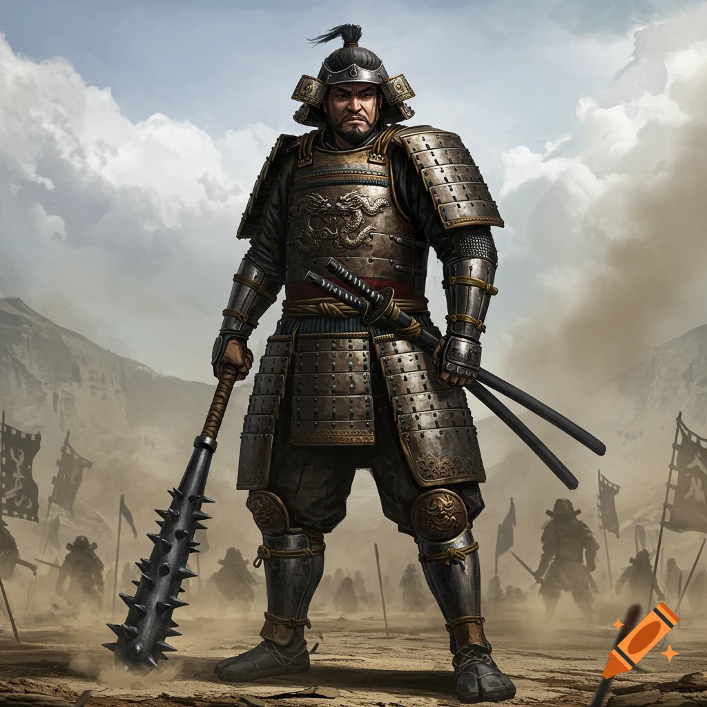 A heavily armored samurai warrior stands on a dusty battlefield, holding a large spiked club and swords.