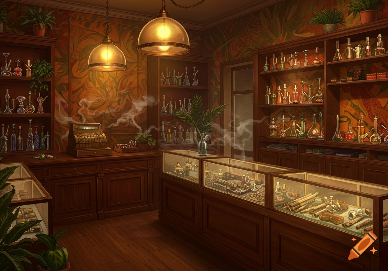A warmly lit, detailed smoke shop interior with display cases and shelves filled with glass pipes, bottles, and other items. Smoke drifts in the air.