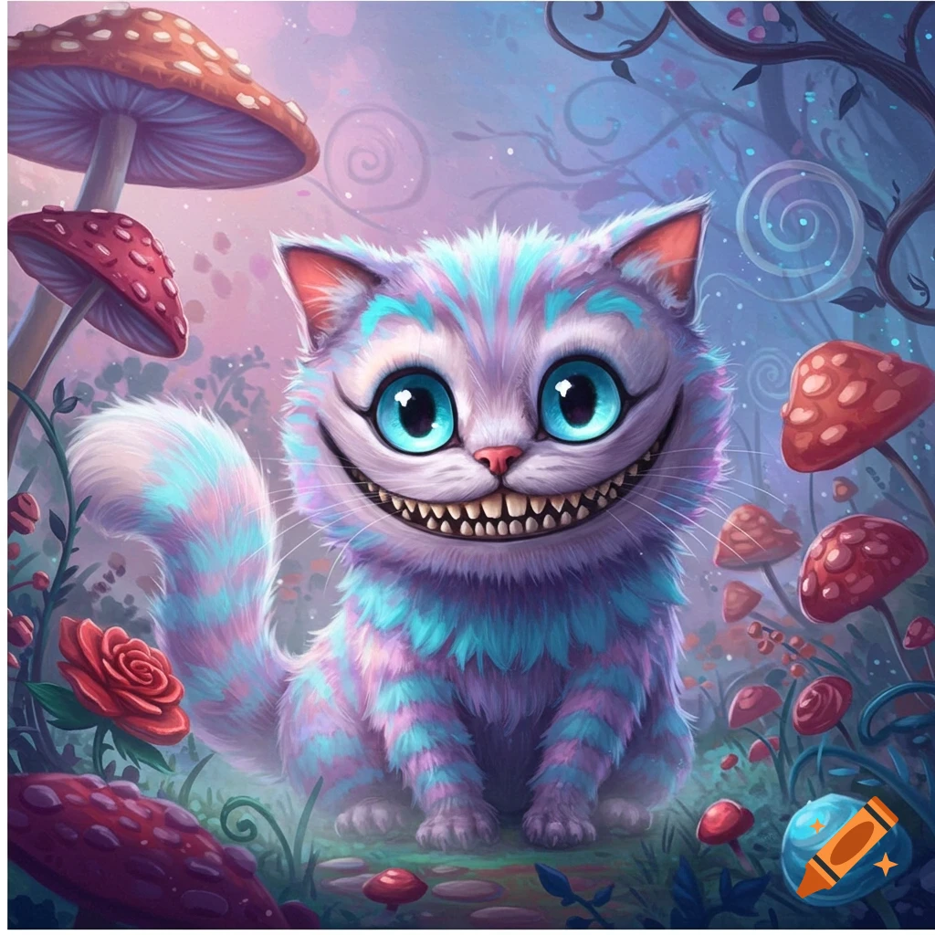 A whimsical, cartoonish Cheshire Cat with purple and blue stripes, large blue eyes, and a wide grin sits among glowing mushrooms and foliage in a magical forest.