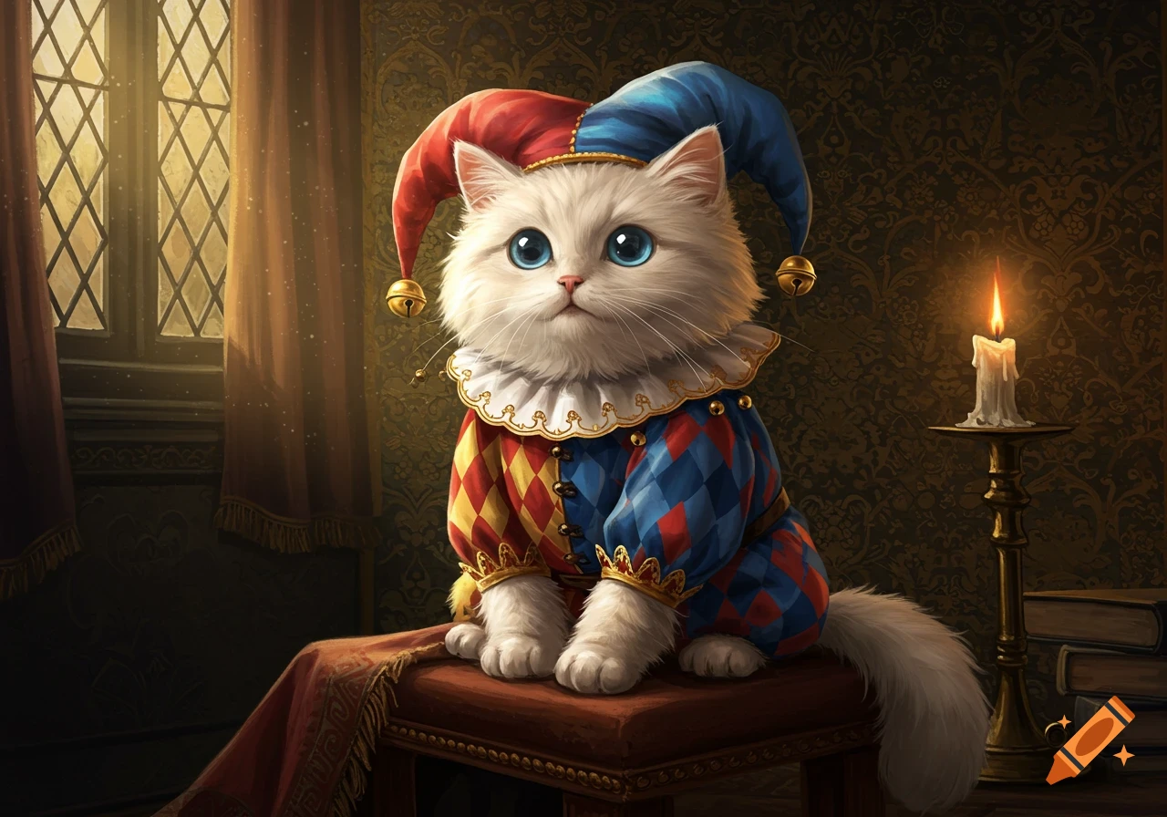 A fluffy white cat with blue eyes wears a red and blue jester costume, sitting on a wooden stool in a dimly lit room with a candle and window.