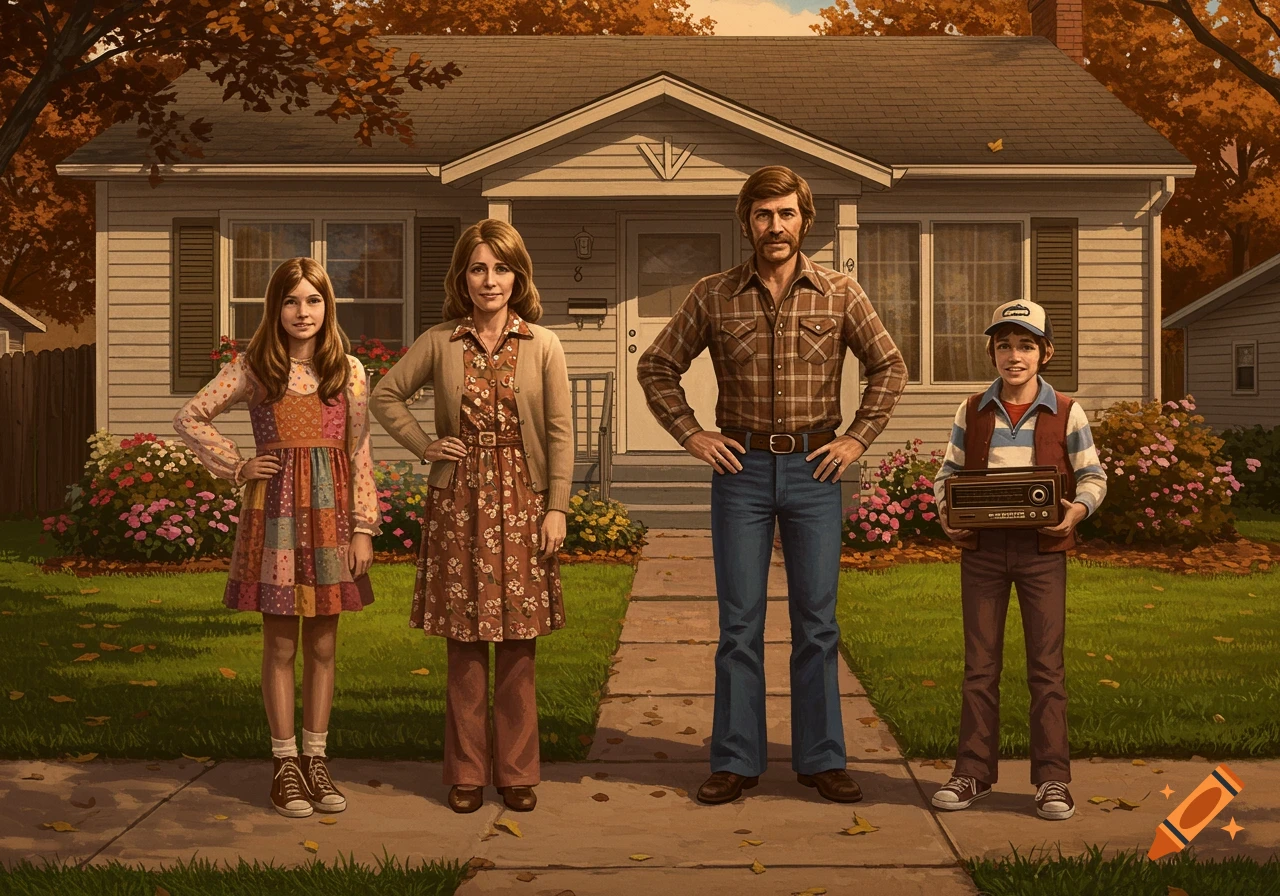 An illustrated family portrait from 1977, with a mother, father, daughter, and son posing in front of their suburban home.