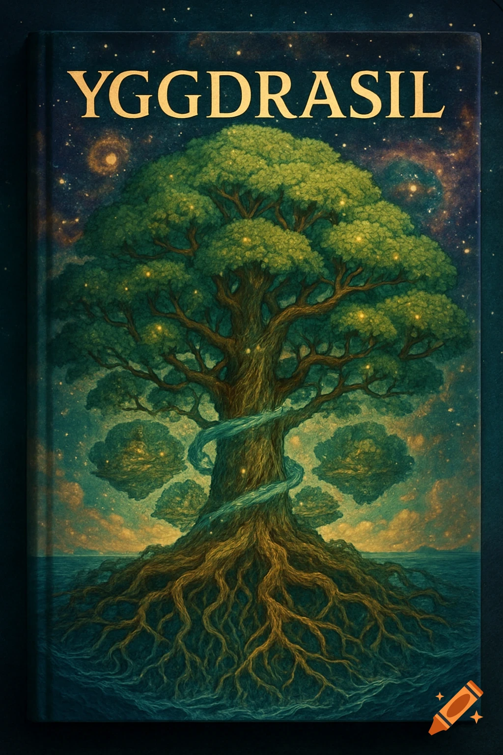 A fantasy illustration of Yggdrasil, a giant mythical tree with roots in water under a starry sky, on a book cover.