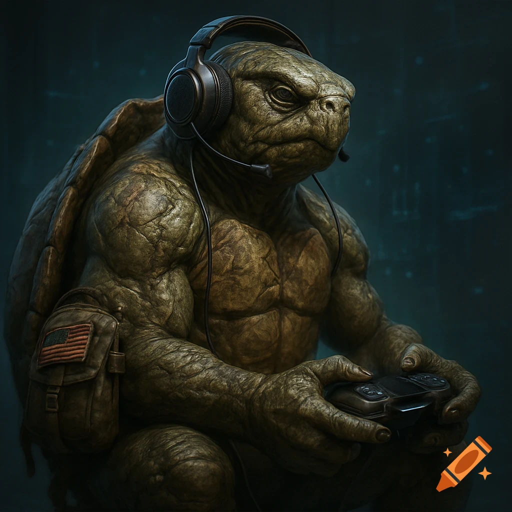 A highly detailed, muscular, battle-worn turtle wearing a gaming headset and holding a controller, with a US flag patch on its backpack.