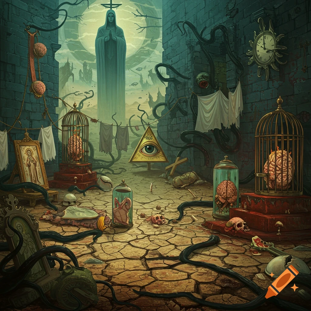 A dark surreal illustration of a cracked ground in an alley with a towering robed figure, caged brains, skulls, an Illuminati eye triangle with 666, and tentacles.