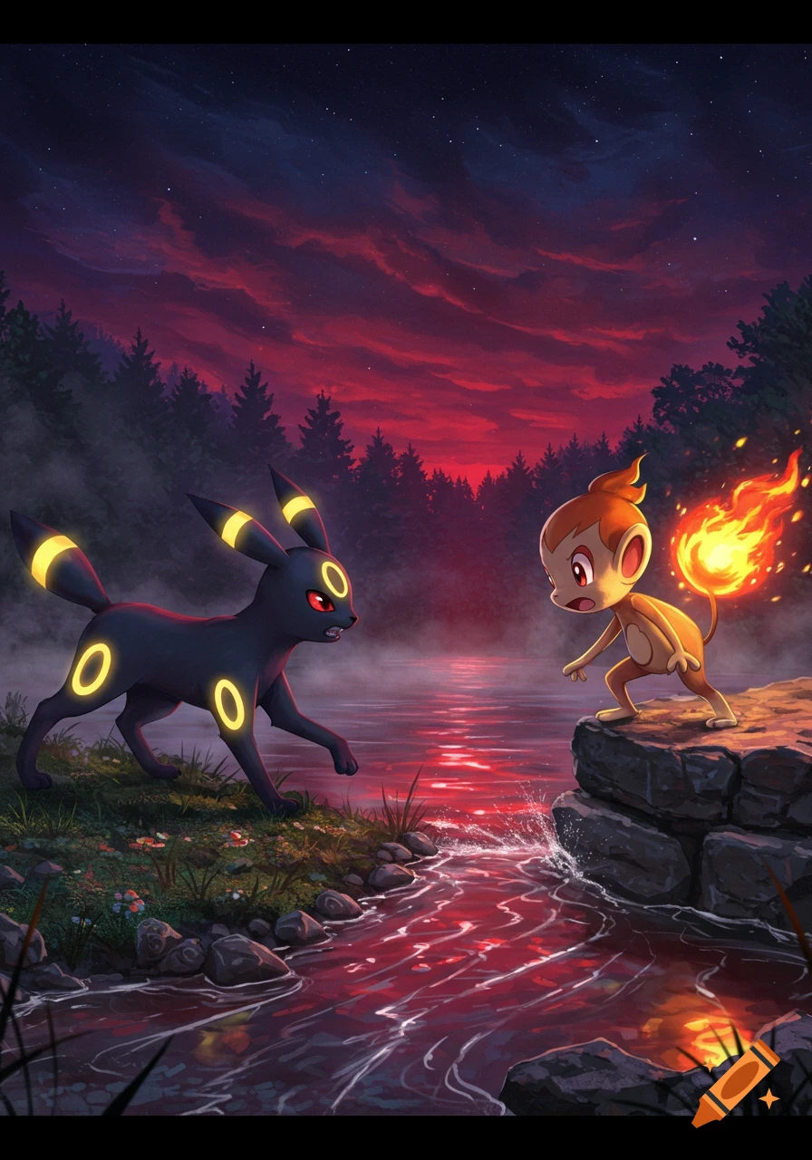 Umbreon and Chimchar face off across a reflective red river under a dramatic night sky with a forest backdrop, in a vibrant anime style.