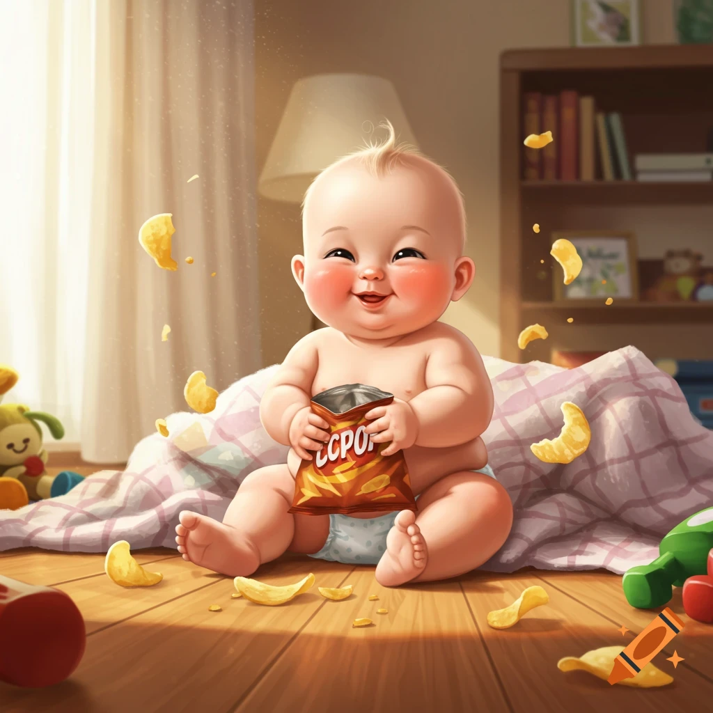 A cute chubby baby happily holds an open bag of chips with some chips floating in the air, sitting on a blanket on a wooden floor.
