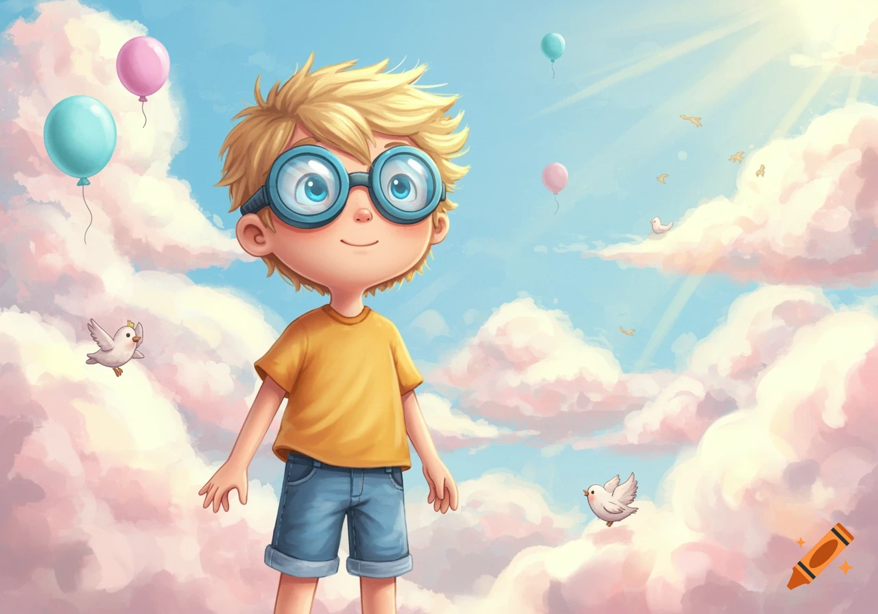 A smiling cartoon boy with blonde hair and blue goggles stands amidst fluffy pink clouds, with birds and balloons floating around him in a sunny blue sky.