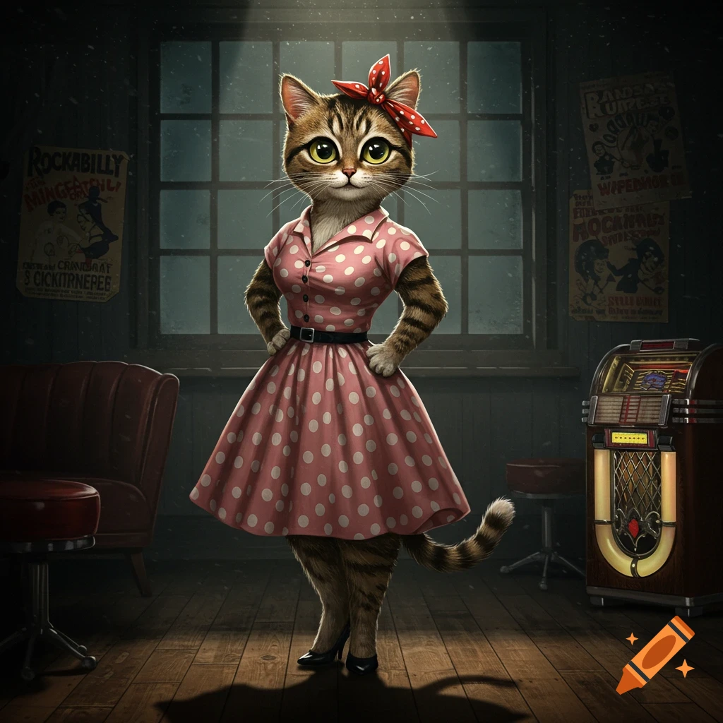 An anthropomorphic tabby cat wearing a pink polka-dot dress and red bow stands in a vintage-style room with a jukebox.