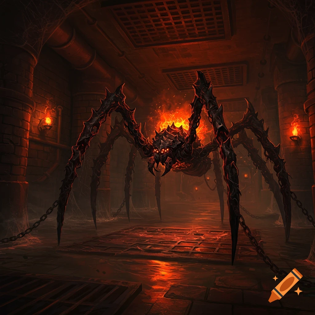 A monstrous fiery spider with sharp legs and chains in a dark, torch-lit dungeon, in a dark fantasy art style.