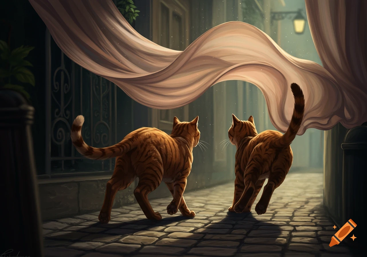 Two ginger cats walk away on a dark cobblestone street beneath a flowing light fabric, digital art.
