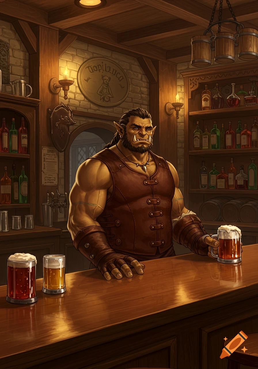 A muscular half-orc bartender stands behind a wooden bar in a dimly lit, rustic tavern, holding a mug of frothy beer.