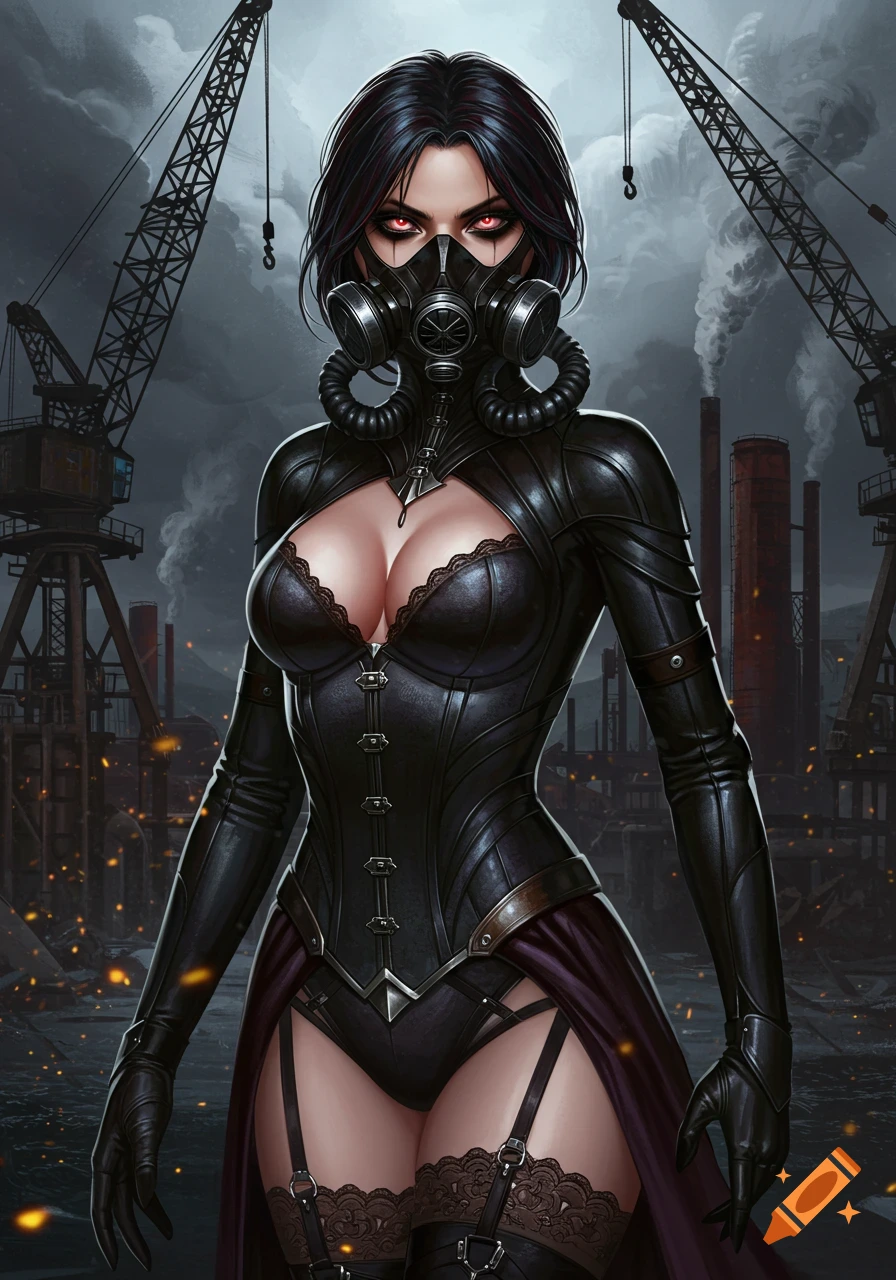 A female character in a black gas mask and revealing black gothic attire, with red eyes, standing in an industrial setting with cranes and smokestacks.