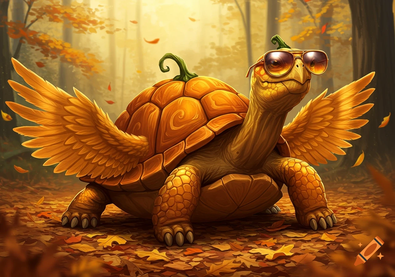 A whimsical turtle with a pumpkin shell, chicken wings, and sunglasses stands on autumn leaves in a forest.